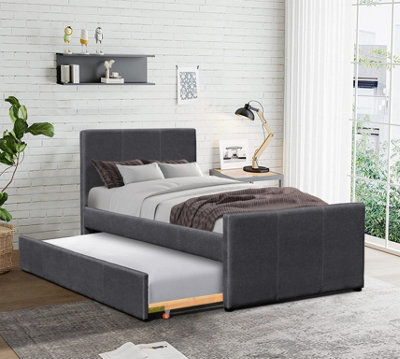 3ft Single Fabric Bed Frame With Trundle Bed in Grey