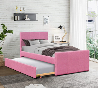 3ft Single Fabric Bed Frame With Trundle Bed in Pink