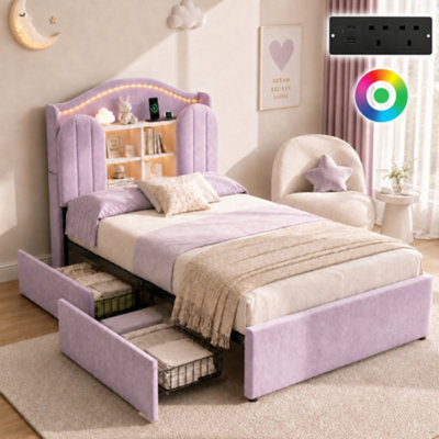 3FT Single House Kids Bed Frame, Velvet, LED Storage Headboard & USB