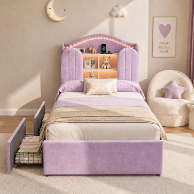 3FT Single House Kids Bed Frame, Velvet, LED Storage Headboard & USB