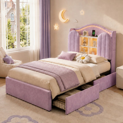 3FT Single House Kids Bed Frame, Velvet, LED Storage Headboard & USB