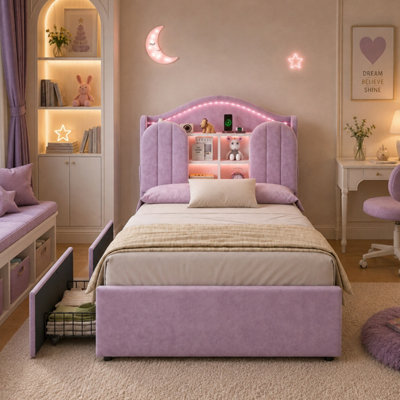 3FT Single House Kids Bed Frame, Velvet, LED Storage Headboard & USB