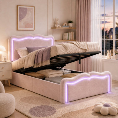 3FT Single Ottoman Bed Frame, Upholstered Wave Design with Hydraulic ...