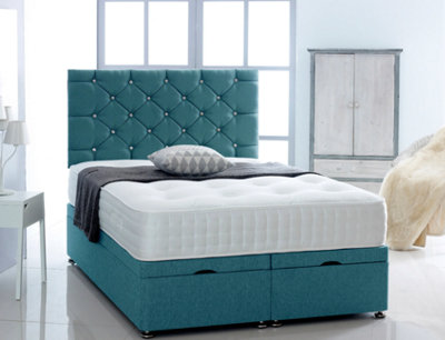 3FT Single Teal Chenille  Foot Lift Ottoman Bed With Headboard & Mattress