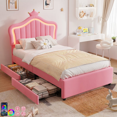 3ft Single Upholstered Crown Bed Frame with LED Lighting and 2 Storage ...