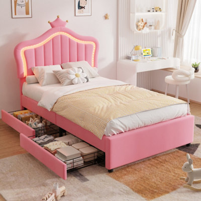 3ft Single Upholstered Crown Bed Frame with LED Lighting and 2 Storage ...