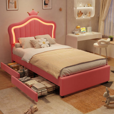 3ft Single Upholstered Crown Bed Frame with LED Lighting and 2 Storage ...