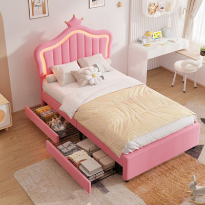 3ft Single Upholstered Crown Bed Frame with LED Lighting and 2 Storage ...