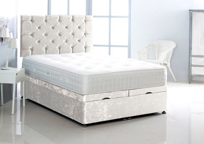 3FT Single White Crush Velvet Foot Lift Ottoman Bed With Headboard & Mattress