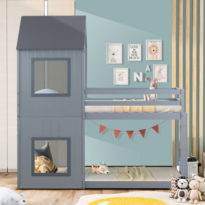 3FT Treehouse Bunk bed Cabin Bed Frame Mid Sleeper with Treehouse Canopy and Ladder grey