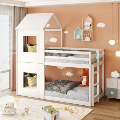 3FT Treehouse Bunk bed Cabin Bed Frame Mid Sleeper with Treehouse Canopy Ladder white