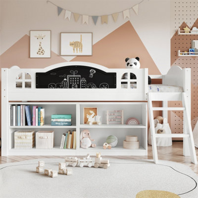 3ft White Wooden Kids' Storage Bed (90x190cm) with Chalkboard, Slanted ...