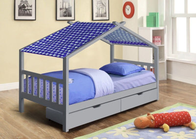 3ft Wooden Storage House Bed In Grey With Blue Tent