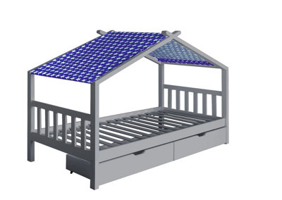 3ft Wooden Storage House Bed In Grey With Blue Tent
