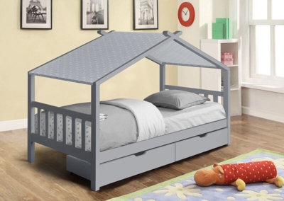 3ft Wooden Storage House Bed In Grey With Grey Tent