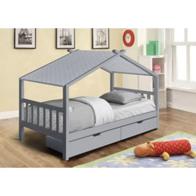 3ft Wooden Storage House Bed In Grey With Grey Tent
