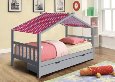 3ft Wooden Storage House Bed In Grey With Pink Tent