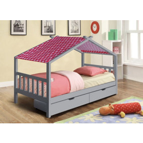 3ft Wooden Storage House Bed In Grey With Red Tent