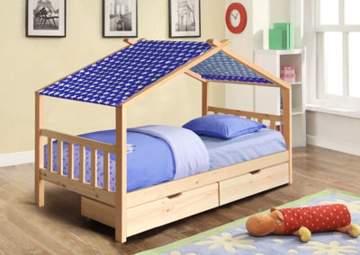 3ft Wooden Storage House Bed In Natural With Blue Tent