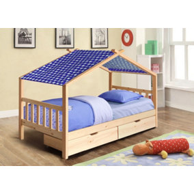 3ft Wooden Storage House Bed In Natural With Blue Tent