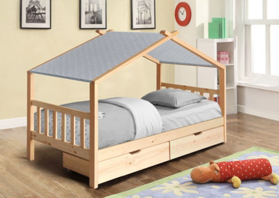 3ft Wooden Storage House Bed In Natural With Grey Tent