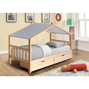 3ft Wooden Storage House Bed In Natural With Grey Tent