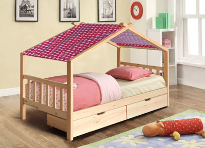 3ft Wooden Storage House Bed In Natural With Pink Tent