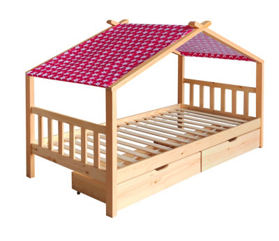 3ft Wooden Storage House Bed In Natural With Pink Tent