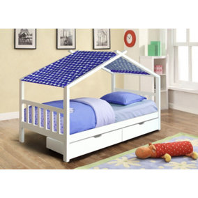 3ft Wooden Storage House Bed In White With Blue Tent