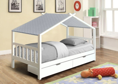 3ft Wooden Storage House Bed In White With Grey Tent