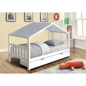 3ft Wooden Storage House Bed In White With Grey Tent