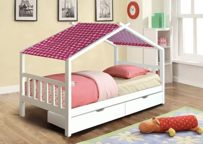 3ft Wooden Storage House Bed In White With Pink Tent