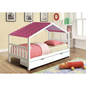 3ft Wooden Storage House Bed In White With Pink Tent
