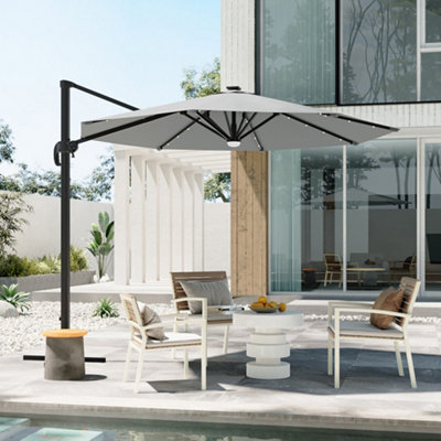 3m Aluminium Garden Cantilever Parasol with 360 Degree Rotation Solar LED Outdoor Patio Round Umbrella for Backyard