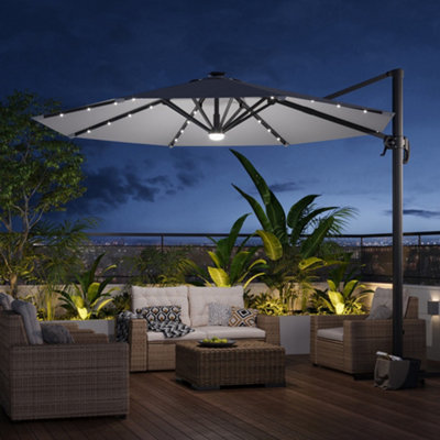 3m Aluminium Garden Cantilever Parasol with 360 Degree Rotation Solar LED Outdoor Patio Round Umbrella for Backyard