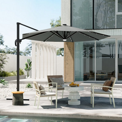 3m Aluminium Garden Cantilever Parasol with 360 Degree Rotation Solar LED Outdoor Patio Round Umbrella for Garden