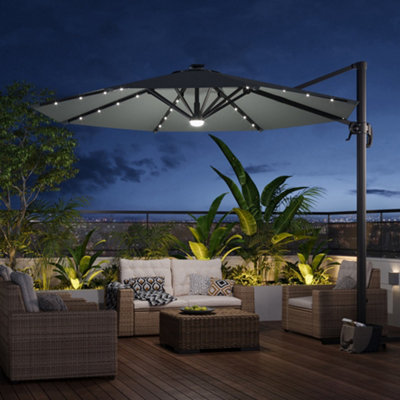 3m Aluminium Garden Cantilever Parasol with 360 Degree Rotation Solar LED Outdoor Patio Round Umbrella for Garden