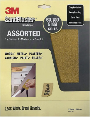 3M Aluminium Oxide Assorted Hand Sanding Sheets Gold 3 Pack