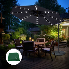 3m Banana Parasol Black w/ Base Cover Garden Patio 32 LED Cantilever Umbrella