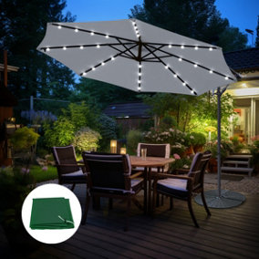 3m Banana Parasol Grey w/ Base Cover Garden Patio 32 LED Cantilever Umbrella