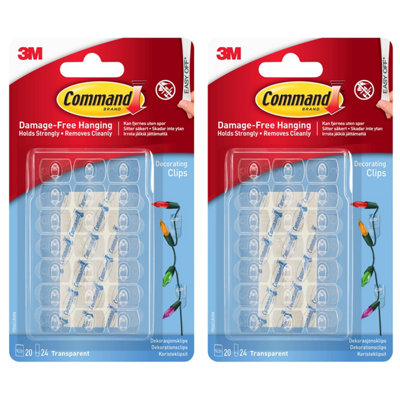 3M Command Clear Decorating Clips - Double Pack -Christmas Xmas Fairy Light Hooks Clear
