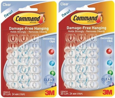 3M Command Clear Decorating Clips - Double Pack -Christmas Xmas Fairy Light Hooks Clear