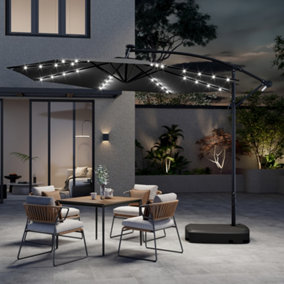 3M Dark Grey Crank Tilt with LED Light Outdoor  Garden Patio Swing Umbrella Parasol with 60L Fillable Base