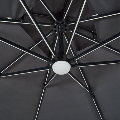 3M Dark Grey Tilt with LED Light Outdoor Garden Parasol with Fillable Base - 3