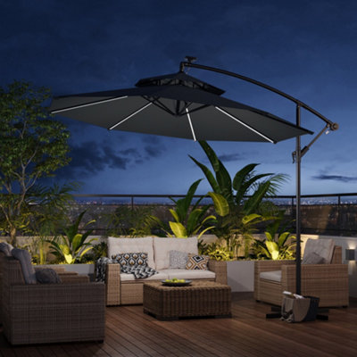 3M Double Top Cantilever Parasol with Cross Base and Solar LED Lights for Outdoor in Dark