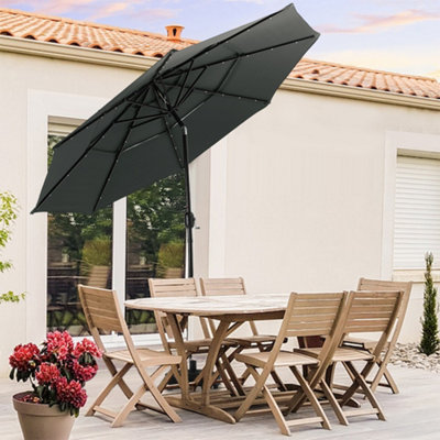 3m Garden Metal Parasol with Solar Lights 3 Tier Patio Umbrella with Mobile Base Patio Deck Porch Poolside