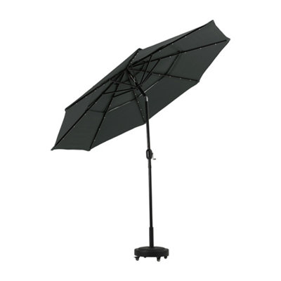 3m Garden Metal Parasol with Solar Lights 3 Tier Patio Umbrella with Mobile Base Patio Deck Porch Poolside