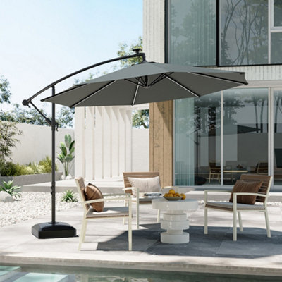 3M Garden Sun Shade Cantilever Parasol Hanging Banana Umbrella Crank Tilt with Solar Lights and Fillable Base, Dark Grey