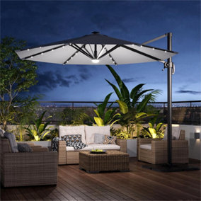 3M Large Canopy Tilting Garden Rome Umbrella Cantilever Parasol with Solar Lights and Square Fillable Base, Light Grey