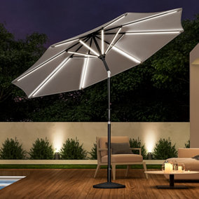 3M Large Garden LED Parasol Outdoor Beach Umbrella Sun Shade Crank Tilt with Round Resin Base, Light Grey